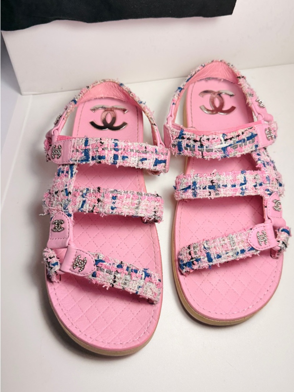 CHANEL Pink Tweed Strappy Logo Sandals